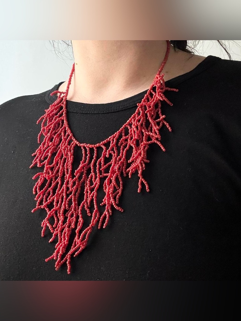 Bright red orange coral style beaded statement necklace
